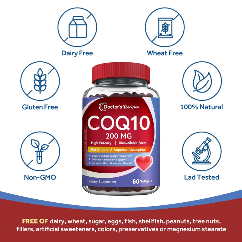 Doctor's Recipes CoQ10 200mg, 60 Softgels, Highly Absorbable Coenzyme Q10, Antioxidant Support & Cellular Energy Boost, Improves Heart, Vascular & Muscle Health, Non-GMO, 2 Month Supply