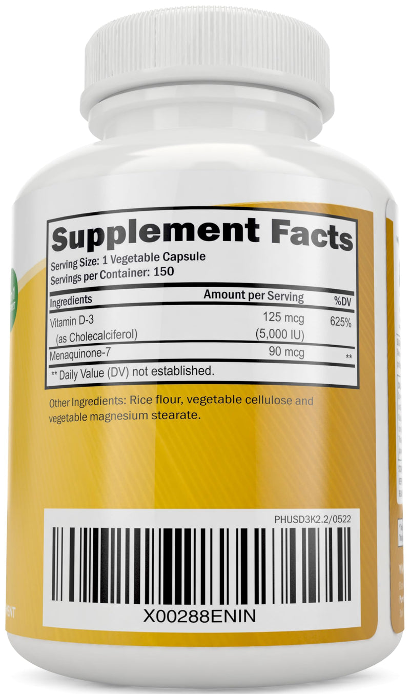 Vitamin D3 K2, 150 Servings, 5000iu D3 + 90mcg K2, Bone & Immune Support | Energy & Heart Health Support, High Absorption & Non-GMO, Once-Daily Vitamin Supplement, 150 D3K2 Capsules (5 Month Supply)
