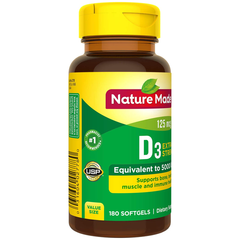 Nature Made Extra Strength Vitamin D3 5000 IU (125 mcg), Dietary Supplement for Bone, Teeth, Muscle and Immune Health Support, 180 Softgels, 180 Day Supply 180 Count (Pack of 1) - BeesActive Australia