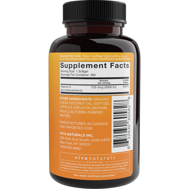 Viva Naturals Vitamin D3 5000 IU Softgels, Supports Bone & Immune Health, High Potency Vitamin D, 360 Count (125 mcg), (Pack of 2) 360 Count (Pack of 2)