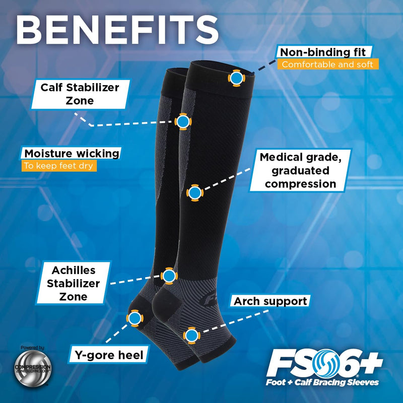 OrthoSleeve FS6+ Compression Foot & Leg Sleeve (1 Pair) for Plantar Fasciitis, Heel Pain, Achilles Tendonitis, Shin Splints, Venous Insufficiency and Leg Cramps Large Black