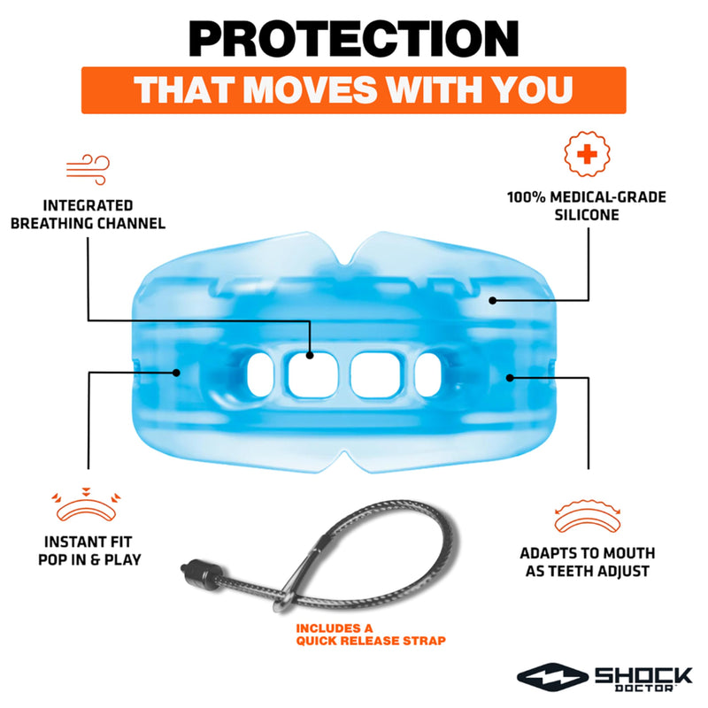 Shock Doctor Braces Football Mouth Guard, Upper & Lower Teeth Protection, Adult/Youth Sizes with Helmet Strap, Mouthguard for Sports, Football, Hockey, Lacrosse, Baseball, Wrestling, More Adult: 12+ yrs Blue