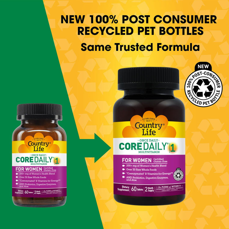 Country Life Core Daily 1 Women’s Multivitamin with Iron, 60 Tablets | Once-daily formula with 200+ mg Women’s Health Blend, coenzymated B vitamins, probiotics and digestive enzymes