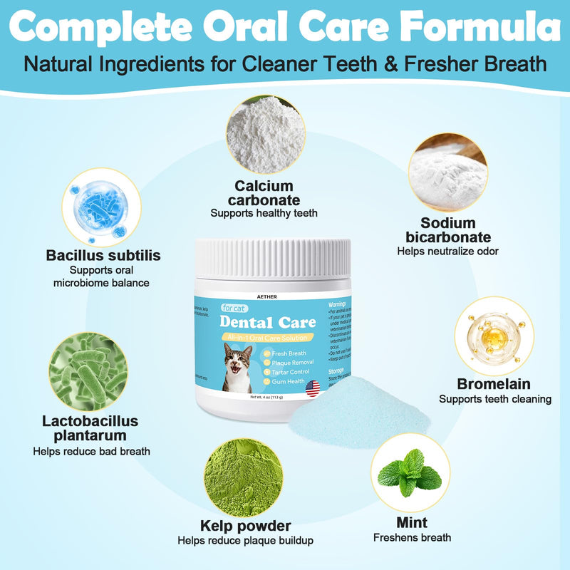 AETHER Cat Dental Care Powder, Cat Gingivitis Support with Natural Extracts, Helps Reduce Bad Breath, Plaque & Tartar, Supports Teeth, Gums Oral Health, Daily Teeth Cleaning Supplement for Cats, 4oz