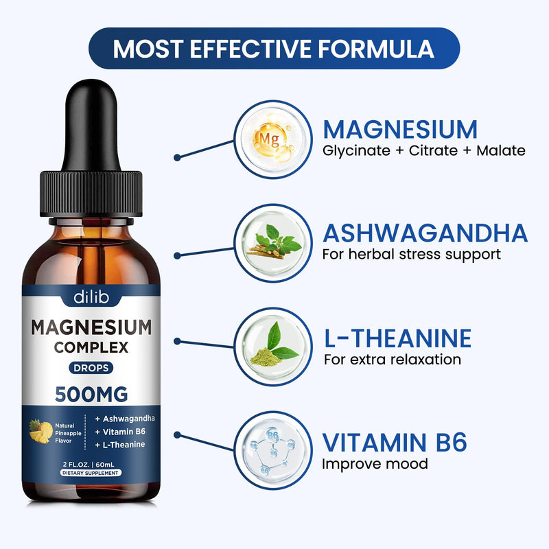 Magnesium Glycinate Liquid Drops 500mg - Triple Magnesium Complex Supplement with Citrate, Malate, Ashwagandha, L-Theanine, Vitamin B6 for Sleep, Stress Relief, Muscle, Pineapple Flavor 4 Fl Oz 2 Fl Oz (Pack of 2)