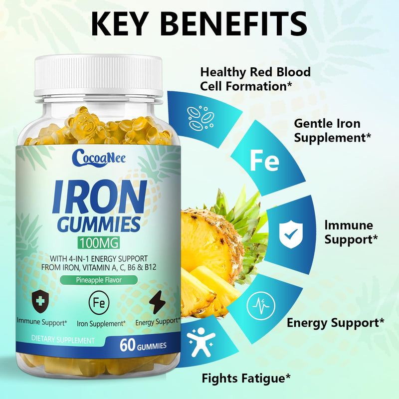 2 Pack 100MG Iron Supplements, Iron Gummies for Women & Men - Vitamin C, A, B12 - Complex, Improve Absorption, Energy Boost, Iron Deficiency for Adults & Kids - Complex Folate, Zinc, 120Cts 60 Count (Pack of 2)