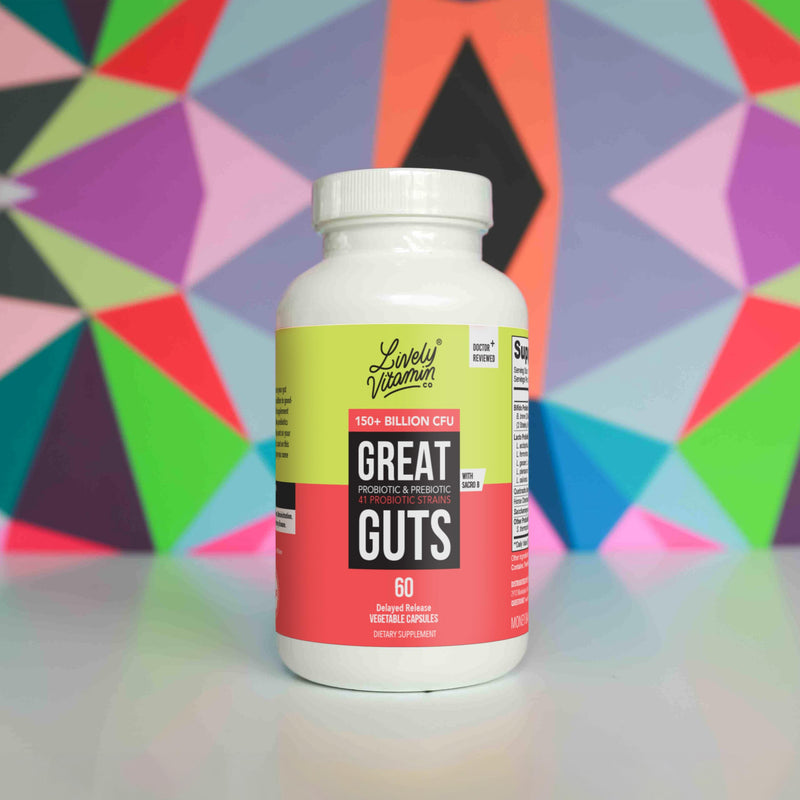 LIVELY VITAMIN CO. Great Guts Probiotic - 25 Billion CFU Probiotic - Balance Gut Microbiome, GI Tract, Inflammation, Indigestion, Reflux, Upset Stomach, & Diarrhea - 90 Caps 90 Count (Pack of 1)