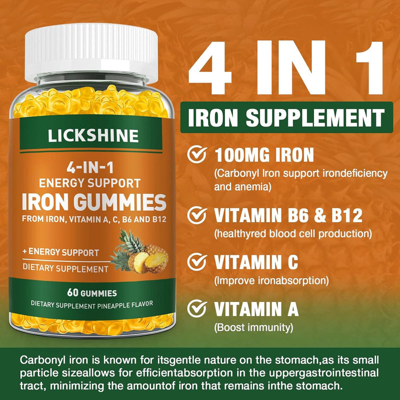 lickshine 2 Pack Vegan 100MG Iron Supplement Gummies for Women & Men - with Vitamin C, A, B for Adults & Kids - Energy Support for Iron Deficiency, Anemia - Pineapple Flavor (120 Ct) 60 Count (Pack of 2)