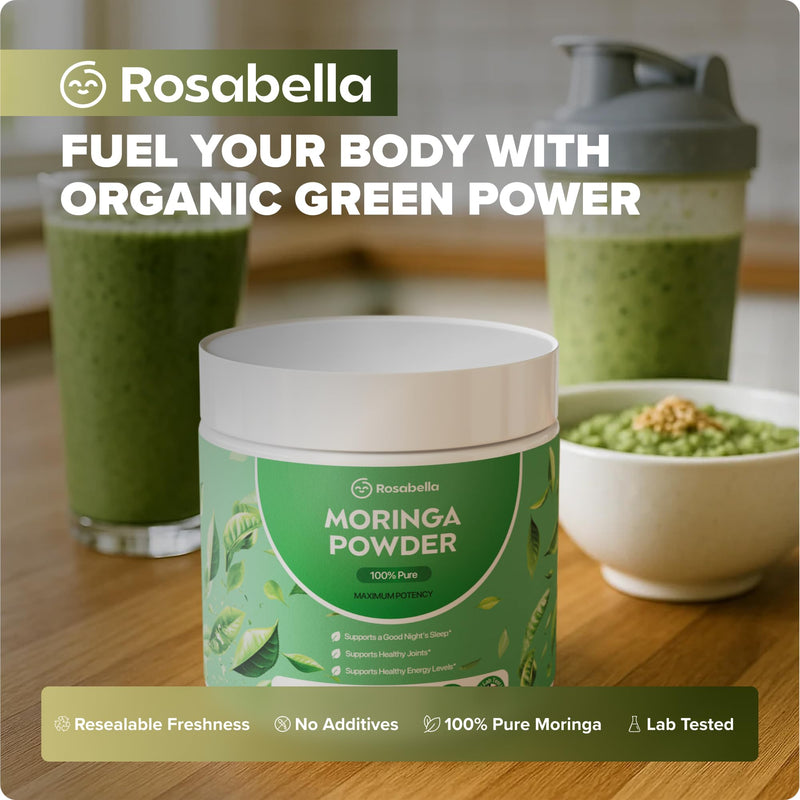 Rosabella Pure Moringa Powder - Energy, Skin, Immune & Gut Health Superfood, Rich in Antioxidants, Essential Vitamins & Amino Acids, Natural Green Superfood Supplement (3.7oz (Pack of 1)) 3.7 Ounce (Pack of 1)