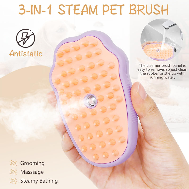 Cat Steam Brush for Shedding: 3-in-1 Silicone Steam Brush for Cats, Rechargeable Steam Cat Brush, Steamy Pet Brush, Dog Steam Brush for Shedding, Cat Grooming Brush with Steam - Purple - BeesActive Australia