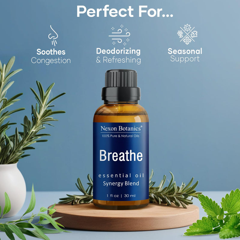 Breathe Essential Oil Blend 30 ml - Breath Sinus Relief with Menthol Oils - for Humidifiers, Diffusers, and Aromatherapy - Nexon Botanics Breathe 1 Fl Oz (Pack of 1)