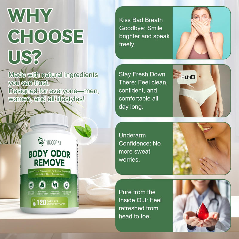 Chlorophyll Body Deodorizing Supplement, Chlorophyll Capsules with Parsley & Peppermint, Probiotic, Green Tea, Jerusalem Artichoke, Prebiotic, Supports Fresh Breath & Whole-Body Freshness, 120 Caps 120 Count (Pack of 1) - BeesActive Australia