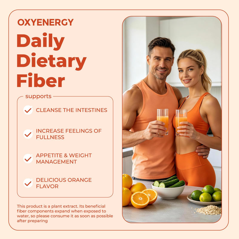 OxyEnergy Fiber Supplement Powder for Women & Men - Fruit & Vegetable Complex Daily Fiber, Weight Loss & Gut Health, Appetite Suppressant & Prebiotics & Relieve Bloating, Orange Flavored 30 Packets