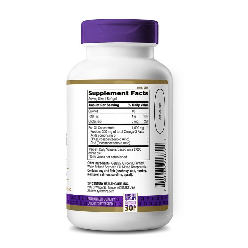 21st Century Fish Oil 1000mg Omega-3 Softgels, Mercury-Filtered, 120ct | Omega-3 Fish Oil with 300 mg EPA & DHA, Heart & Cardiovascular Health Support, Gluten Free, Non-GMO 120 Count (Pack of 1)
