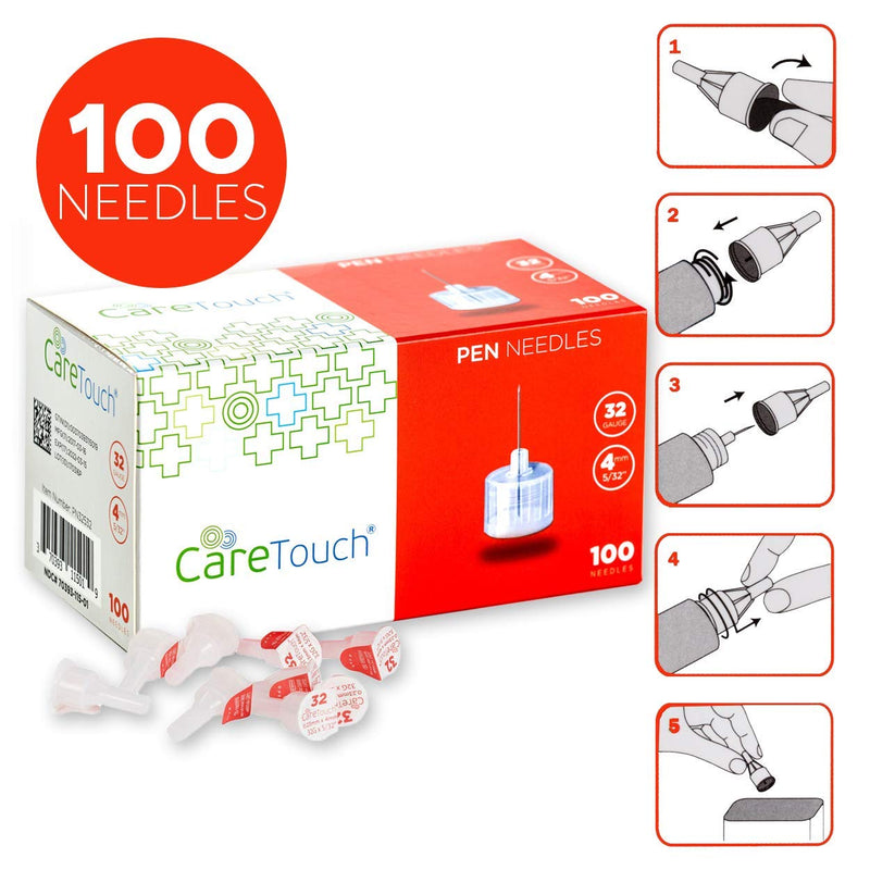 Care Touch CTPN32532 Insulin Pen Needles 32g 4mm Ultra Fine, 32 Gauge 5/32 inches, Shape, (Pack of 100)