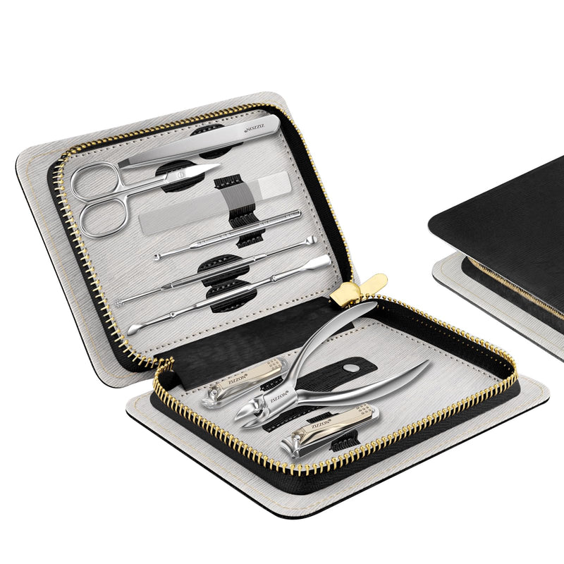 ZIZZON Manicure Set Professional Stainless Steel Toenail and Fingernail Clippers Set 9 in1 Pedicure and Grooming kit with Travel Case (Black) Black