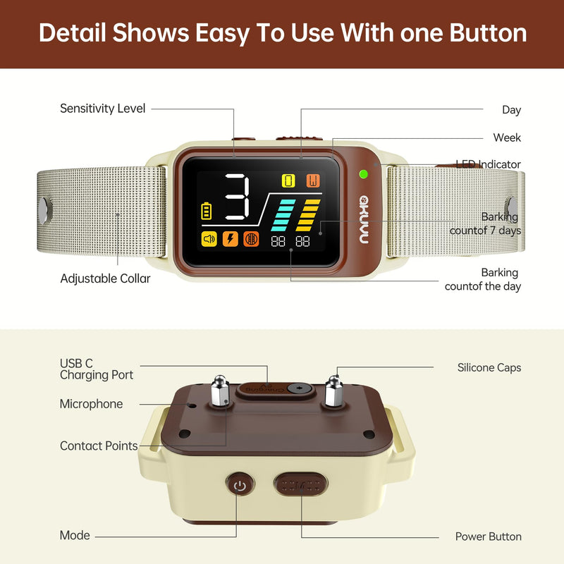 Bark Collar-Rechargeable Smart Barking Collar- Anti Bark Training Collar with Adjustable Sensitivity Beep Vibration Shock- Bark Shock Collar for Small Large Medium Dogs (Brown) Brown - BeesActive Australia