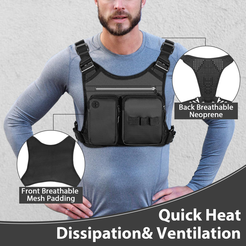 Chest Bag for Men, Waterproof Sports Utility Chest Pack with Water Bottle Holder&Phone Holder, Lightweight&Adjustable EDC Sports Chest Bag for Workout Running Fishing Cycling Hiking Skiing Black