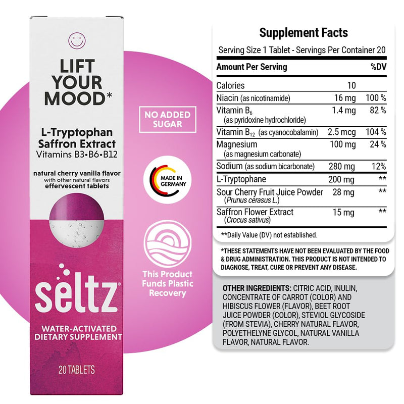 Seltz Mood Support Drink Tablets, Effervescent L-Tryptophan with B Vitamins | Fast Absorption, Easy to Use, Mood Energy Support, No Sugar Added, Drop Fizz and Drink, Supports Hydration, 20 Tablets 1 Pack 20 tablet (Pack of 1)