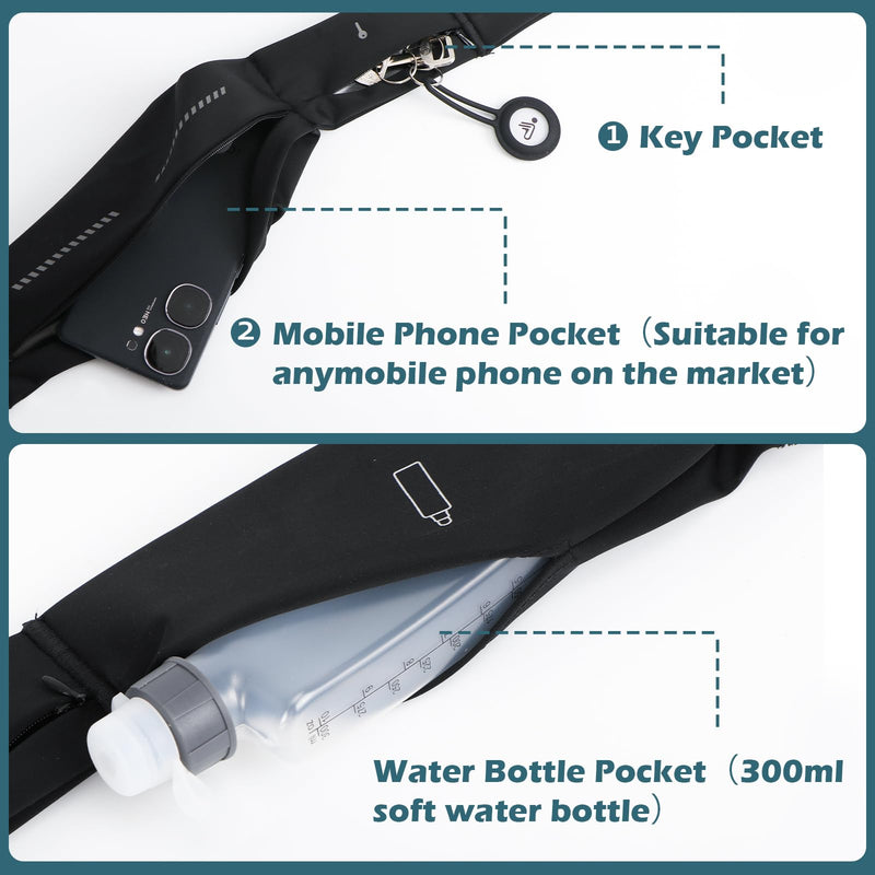 Lsnisni Slim Running Belt for Men and Women, Running Waist Pack with Water Bottle & Towel, Multi Pocket Fanny Pack - Phone Holder, Adjustable for Running, Climbing - Medium Black-medium