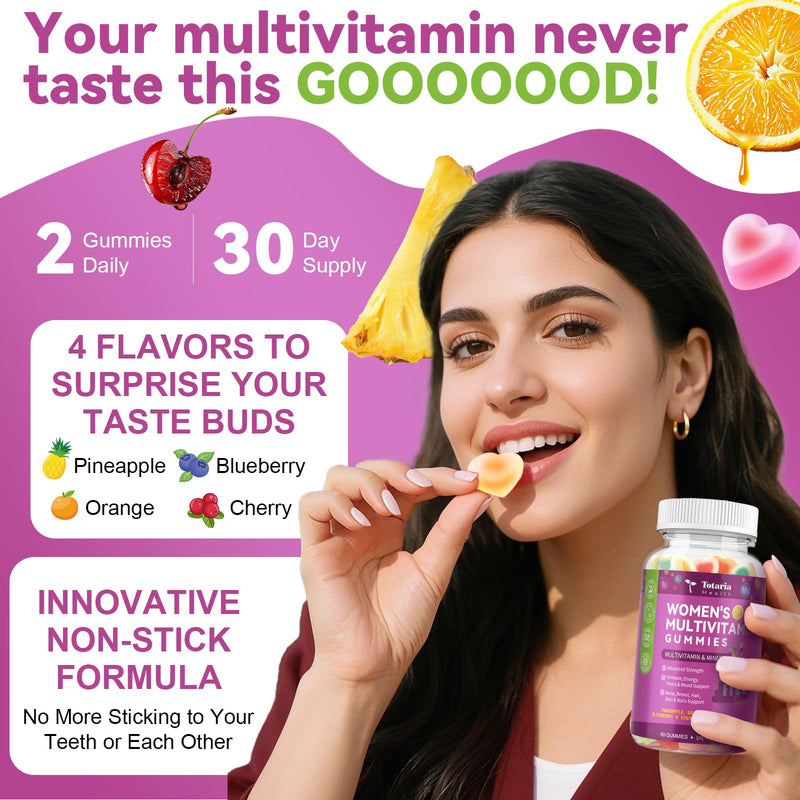 Totaria Sugar Free Womens Multivitamin Gummies with Iron, Women's Multivitamin w/Vitamins C, D3 K2, B12, B6, Filled Gummies for Daily Nutritional Support| Immune Support| Skin Health, Mixed Flavors 60 Count (Pack of 1)
