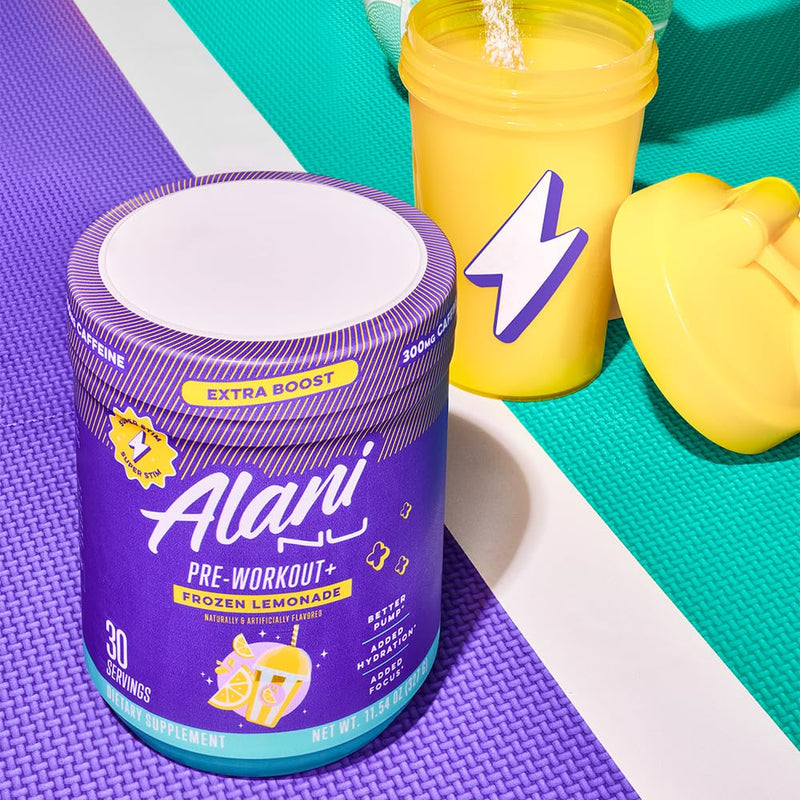 Alani Nu Pre Workout+ Powder Frozen Lemonade, Extra Boost, Sugar Free, 300mg Caffeine, L-Theanine, Beta-Alanine, Citrulline, 30 Servings - BeesActive Australia