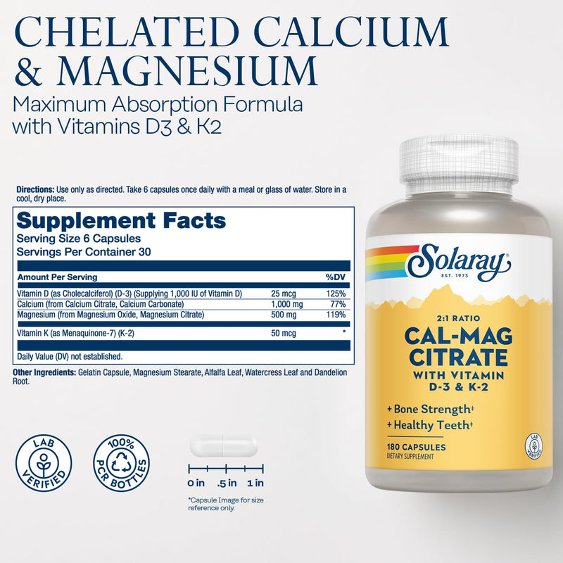 SOLARAY Calcium Magnesium Citrate 2:1 with Vitamin D3 K2, 180 Capsules | Bone, Heart, Muscle & Teeth Support - High Absorption Calcium & Magnesium Citrate with D3 & K2 - 30 Servings - Lab Verified 180 Count (Pack of 1)