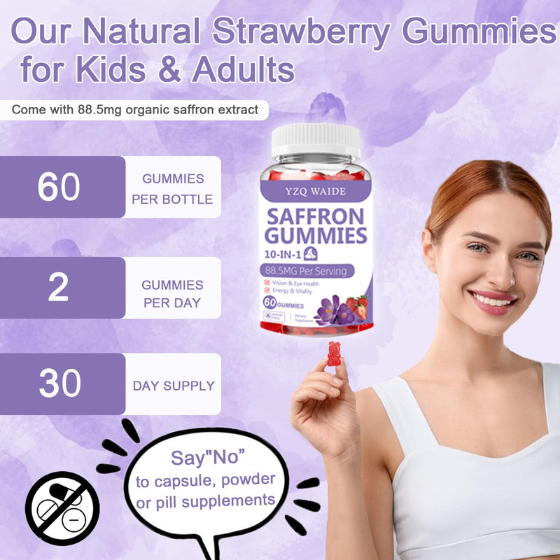 Saffron Gummies 88.5 mg for Kids & Adults with Magnesium 10-in-1 Saffron Supplements Vitamin D3, B6, Magnesium, Zinc, L-Theanine for Emotions Vision Sugar Free, Strawberry Flavor, 60 Count