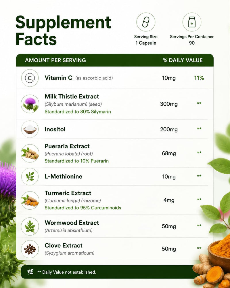 Uvola Milk Thistle Supplement, 80% Silymarin Liver Support Formula, Inositol, Vitamin C, Turmeric, Wormwood, Clove, Dandelion, 8-Ingredient Blend, Gut Health,90 Capsules