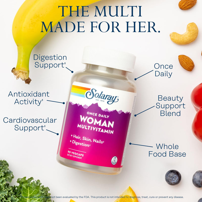 SOLARAY Once Daily Woman Multivitamin with Iron, 90 VegCaps | Women's Energy, Red Blood Cell & Immune Support - Hair, Skin, Nails & Digestive Enzymes - 90 Servings - Lab Verified Unflavored 90 Count (Pack of 1)