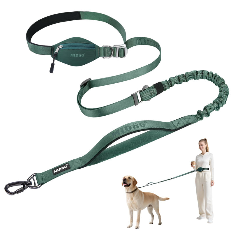 MIDOG Multifunctional Dog Leash Hands Free for Large Dogs - Adjustable Waist Leash with Zipper Pounch& Bungee Cord for Jogging/Running/Walking(4-7FT,Green) 4Ft-7Ft Green - BeesActive Australia