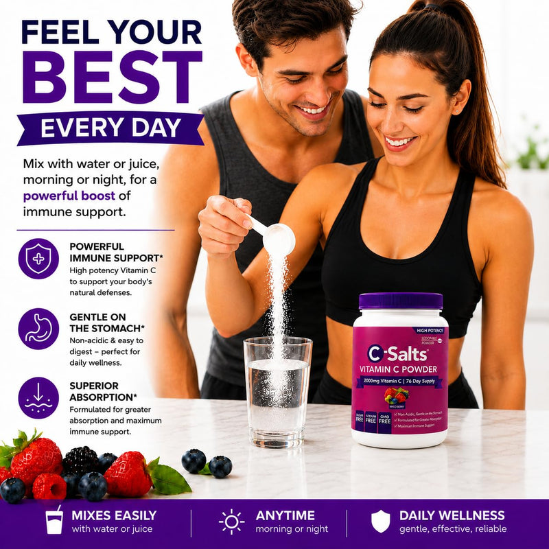 C-Salts Buffered Vitamin C Powder - Pure Organic, Stomach Friendly Ascorbic Acid VIT C Drink for Daily Immune Support & Collagen Production - Vegan Non GMO Sugar Free - 84 Servings Mixed Berry, 8oz 8 Ounce (Pack of 1)