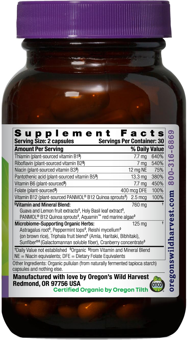 Oregon's Wild Harvest B Complex Capsules | 60 USDA Certified Organic Vegan Capsules | Whole Food B Vitamins with Microbiome-Supporting Herbs | Non-GMO, Gluten-Free, Dairy-Free, Soy-Free