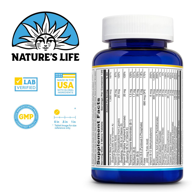 Nature's Life Mighty Mini Vite - Daily Multivitamin for Women and Men - Vitamin D and B Complex - Immunity and Energy Metabolism Support - Lab Verified - 120 Servings, 240 Micro Tablets | Daily Multivitamin for Energy & Immune Support - Vitamin D, Vita...