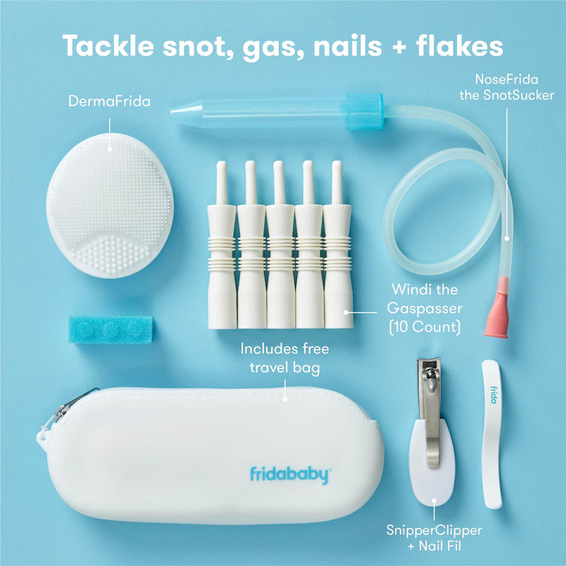 Frida Baby Basics Kit, 6pc Baby Essentials Kit Includes Nasal Aspirator Snotsucker, NailFrida Nail Files, Windi Gas Relief, DermaFrida Bath Brush + Silicone Carry Case 6 Count (Pack of 1)