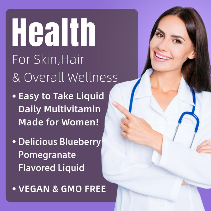Liquid Multivitamin for Hair Formula | Biotin 2500mcg | Healthy Hair Habits | Clinically Tested for Thicker Hair & Skin Elasticity for Women | Ages 18+ | 16 Fl Oz (Blueberry Pomegranate Flavor) Blueberry Pomegranate Flavor