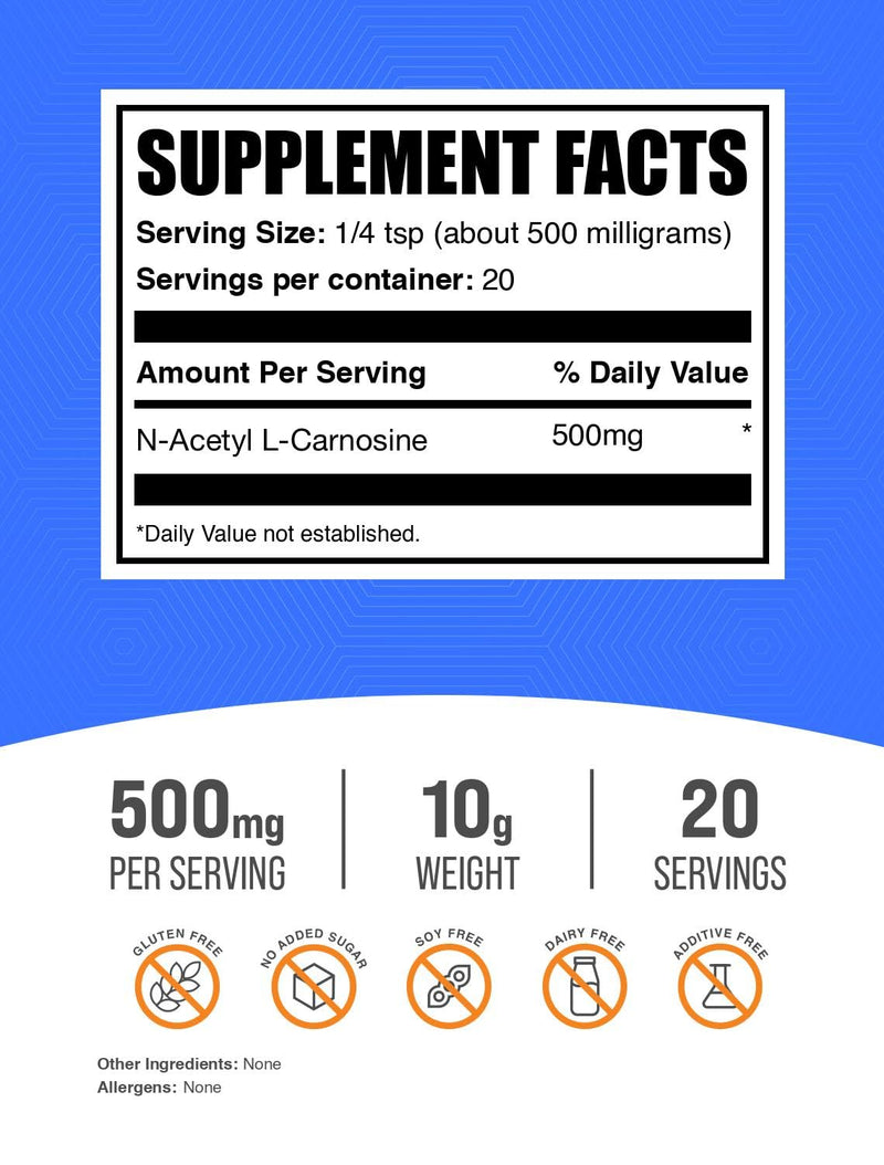 BulkSupplements.com N-Acetyl L-Carnosine Powder - Carnosine Supplement, N-Acetyl Carnosine 500mg - Gluten Free, 500mg per Serving, 10g (0.35 oz) (Pack of 1) 20 Servings (Pack of 1)
