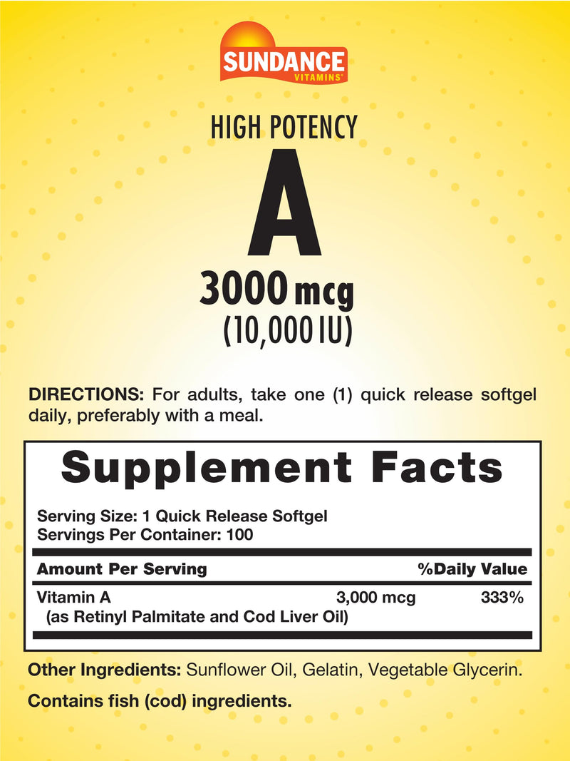 Sundance High Potency Vitamin A Softgels | 3000mcg | 100 Count | Essential Vitamin | Non-GMO and Gluten Free Supplement - BeesActive Australia