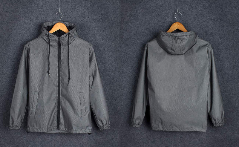 LZLRUN Reflective Jacket Casual Hiphop Windbreaker Night Sporting Coat Hooded Fluorescent Clothing Medium Grey