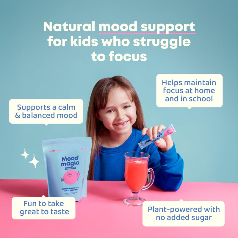 JoySpring Mood Magic Kids Saffron Sticks, Fruit Punch, 25 Ct, 4+ | Magnesium citrate and Vitamin D3 with calming herbs, supports calm and balanced feelings, sugar-free single-serve drink mix 25 Count (Pack of 1)