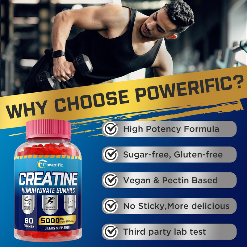 Creatine Monohydrate Gummies, Creatine for Women & Men, Pre Workout Creatine Monohydrate Gummies with Taurine, Vitamin B6 & B12 for Muscle, Strength, Energy, Endurance, Vegan, Organic, 60 Count 60 Count (Pack of 1)