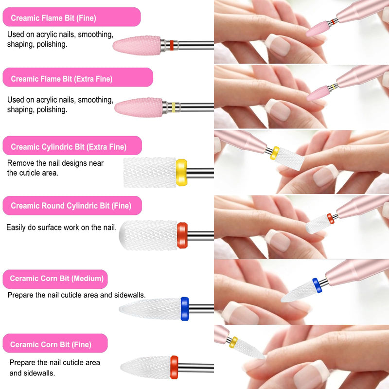 Cellentool 30Pcs Nail Drill Bits Set with Rhinestone Storage Box, 3/32 Inch Ceramic Diamond Carbide Nail Drill Bits for Acrylic Gel Polish, Cuticle Efile Remover for Manicure (Pink) Pink