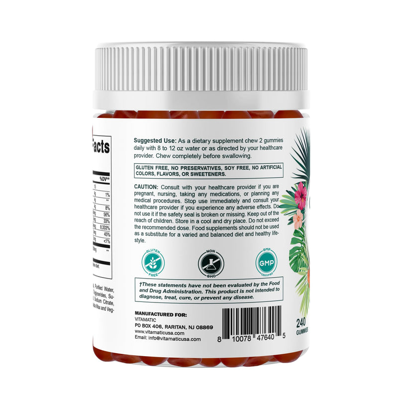 Vitamatic Hydrolyzed Collagen Gummies with Vitamin C, Zinc and Biotin, 200 mg - Healthy Skin Support - 240 Gummies