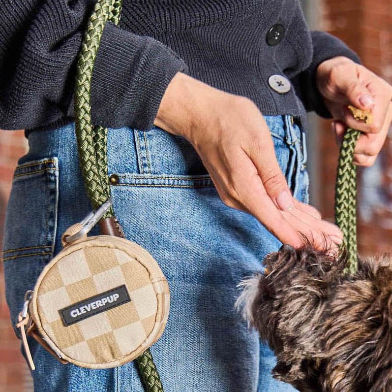 Snackpack Double Insulated Dog Treat Pouch - Holds 1.5 Cups - Dog Training and Walks Snack Bag, Two Pockets for Dry or Wet Treats, Attaches to Leash, Belt, or Bag - Checkerboard Tan Checkerboard - BeesActive Australia