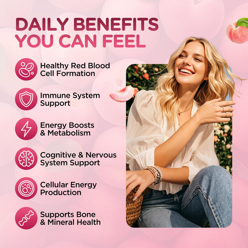 Iron Gummies for Women, Triple Iron Supplement with Multivitamin Iron Gummies with Vitamin C, A, B, Folate, Copper, Zinc for Energy & Blood Support, Immune Health, Vegan Peach, Flavor 120 Counts 120 Count (Pack of 1)