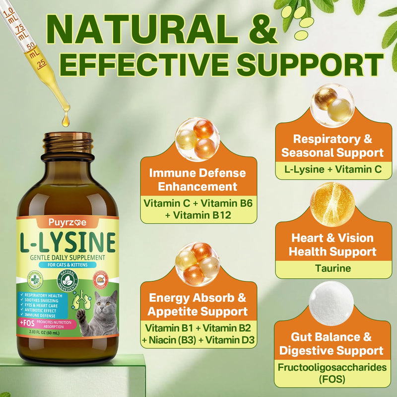 Puyrzoe Lysine for Cats Drops + Cat Vitamins Chews – Respiratory & Immune Support + 8-in-1 Daily Nutrition – Liquid Lysine 60ml + 500 Multivitamin Chews with Taurine, Vitamins & Minerals