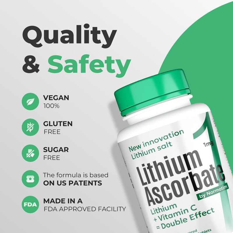 Lithium Ascorbate 1mg with Vitamin C – Brain Supplement for Focus, Memory, Mood & Stress Support – Cognitive Enhancer – 120 Tablets