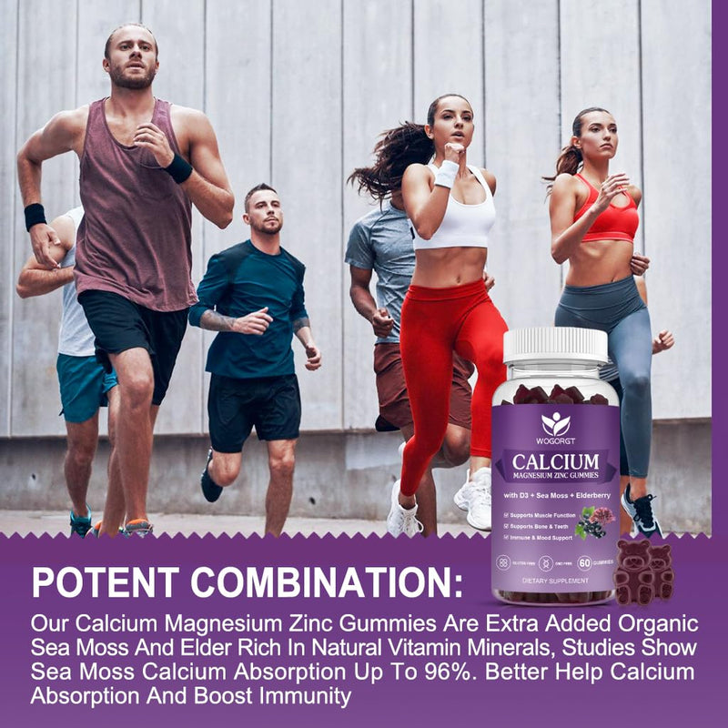 2Pack Calcium Magnesium Zinc Gummies with Vitamin D3 for Women & Men, 60Ct | WOGORGT - Chewable Calcium Magnesium Zinc D3 Supplement with Sea Moss, Elderberry for Bone, Teeth, Immune Support, Vegan 60 Count (Pack of 2)