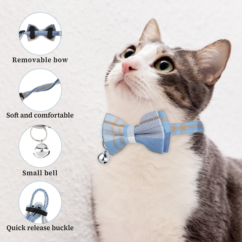 2 PCS Bow Tie Cat Collar with Bells Cat Collar Breakaway Cute Bowtie Plaid Cat Collar with Cat Buckle Soft Adjustable Kitten Accessories for Indoor Cats Puppy and Small Pets Blue and White Plaid - BeesActive Australia