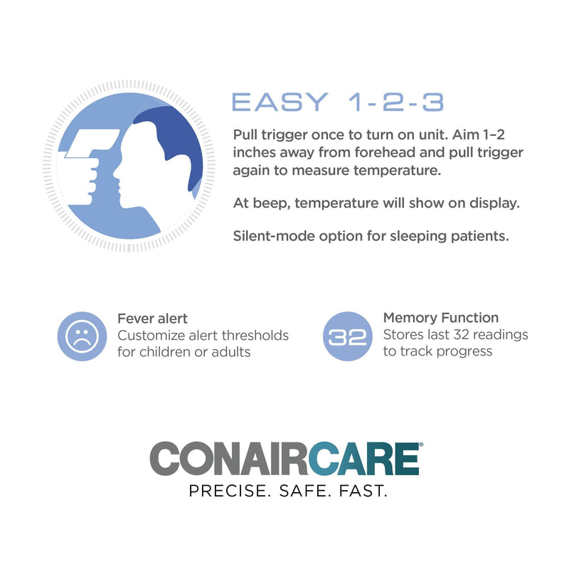 Conair Digital Thermometer for Adults and Kids, Forehead Thermometer, No Contact with Large LCD Display Infared Thermomter with Fever Alert and Memory Function